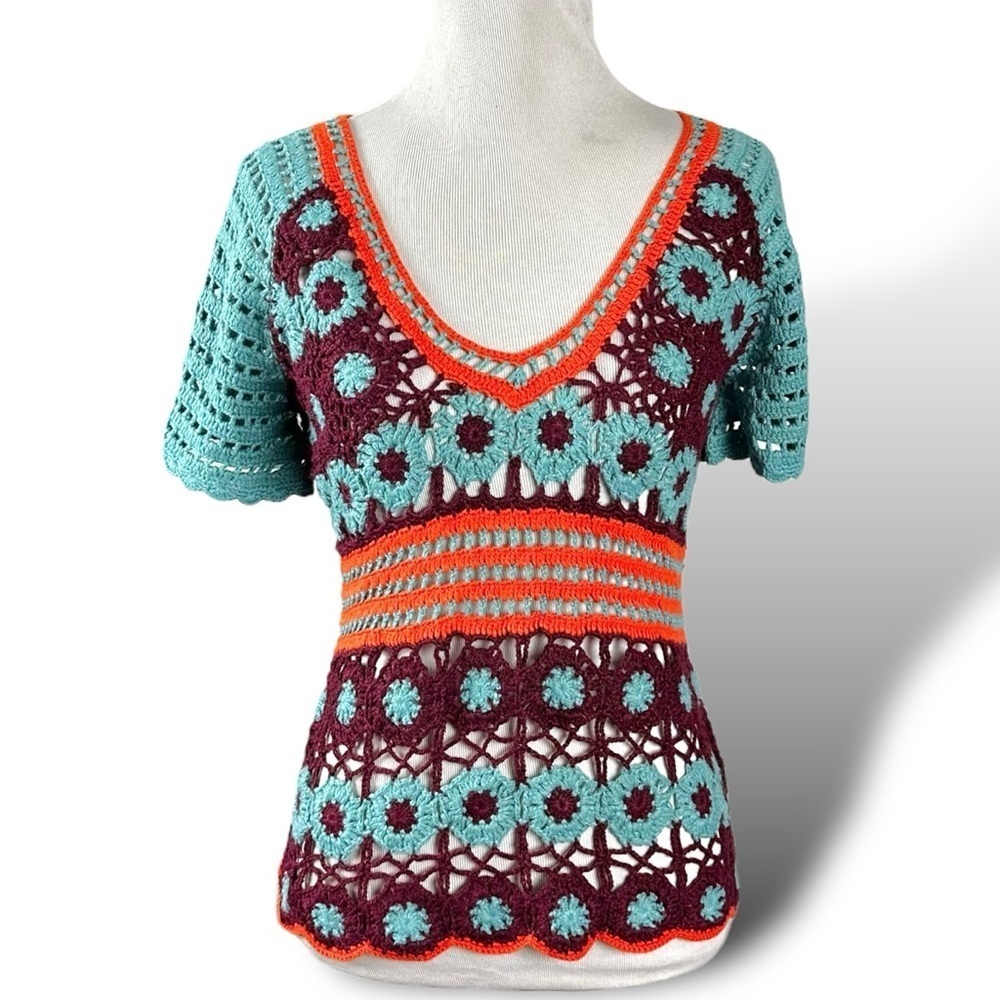 Vintage Y2K Crochet Top Moda International Victoria Secret Western Festival XS